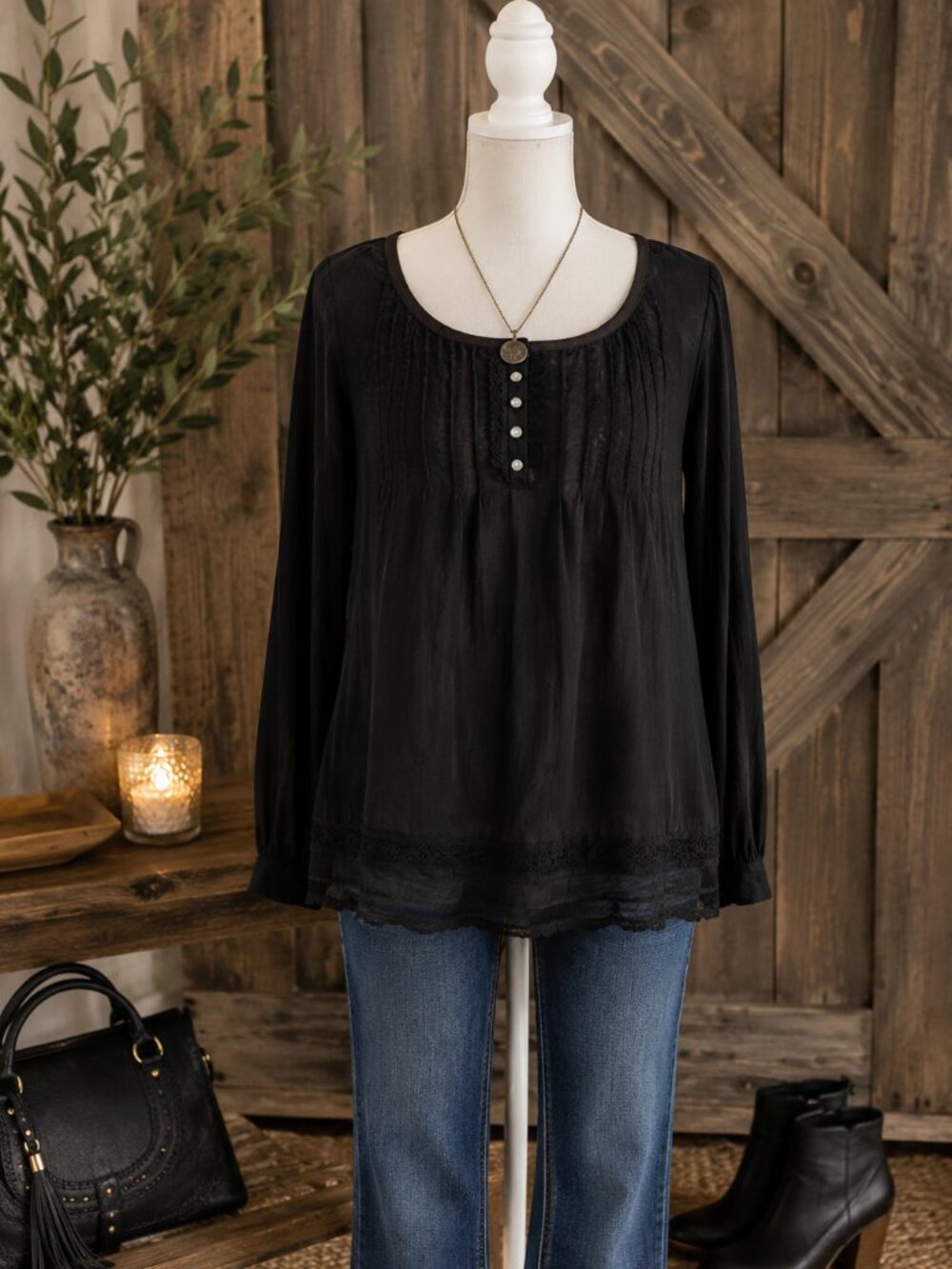 J. Jill Black Crinkle Peasant Blouse Medium Boho Rayon Long Sleeve Flowy Top